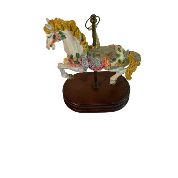 Vintage Carousel Horse Music Box Figurine With Floral Accents & Wooden Base - Picture 1 of 6